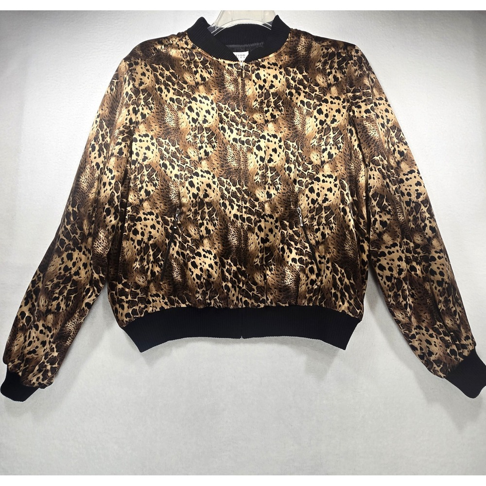 Allison Taylor Silk Bomber Jacket XL Leopard Animal Print Full Zip Brown Black